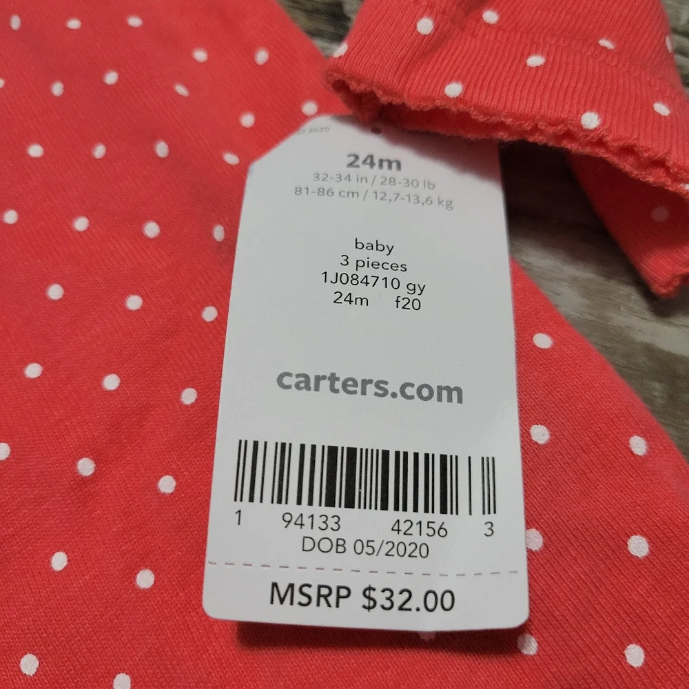 New Carter's Baby Coral Pink Polka Dot Long Sleeve Onesie Size 24M